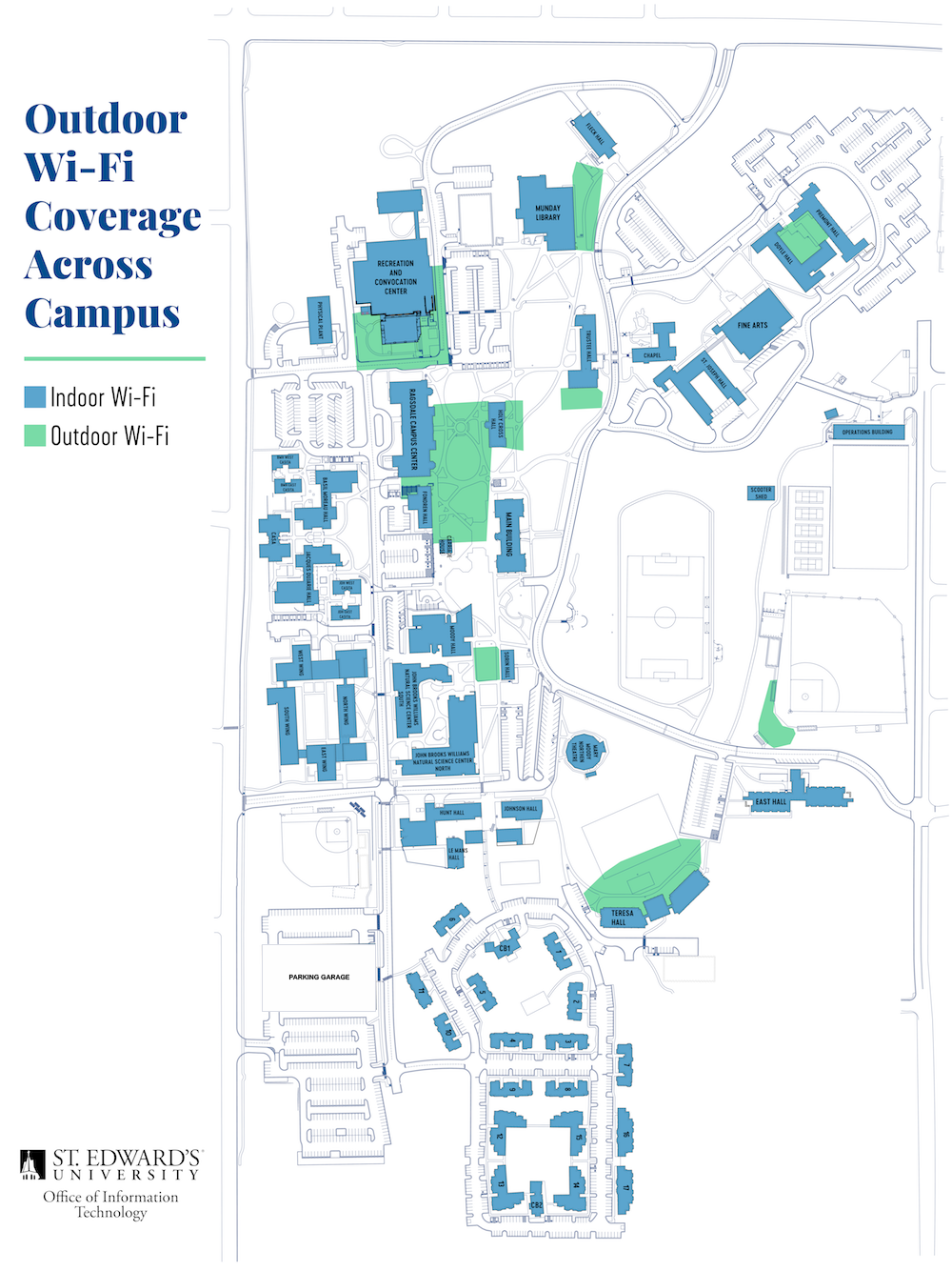 Map of Wi-Fi coverage on campus. Locations are listed after the image in the article.