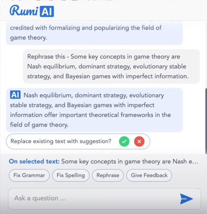 Rumi AI Chatbot with sample text