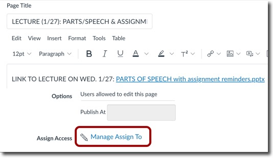 Canvas page editor with the Manage Assign to button highlighted